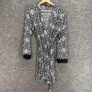 Studio Wrap Dress Women S/M Black Geometric Short Tasseled Tie Up V-Neck Casual